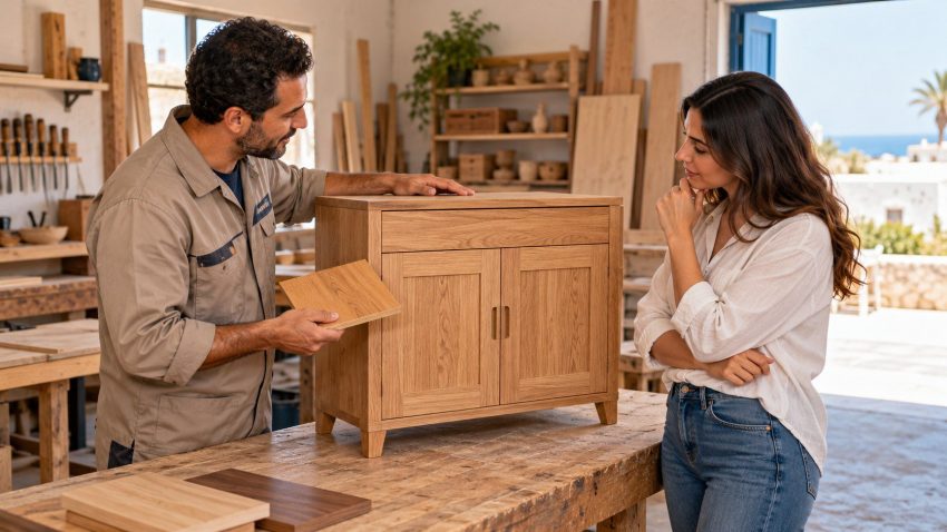 Illustration IA : échange entre un artisan et une cliente autour d’un meuble dans un atelier.