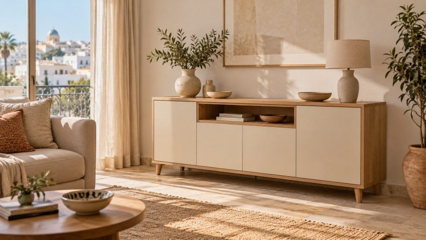 Illustration IA : buffet personnalisé effet chêne et façades crème dans un salon tunisien.