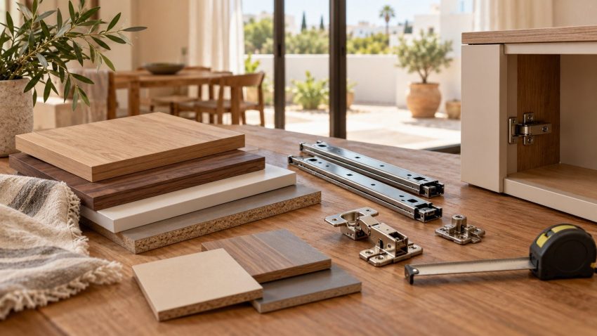 Illustration IA : échantillons de panneaux et quincaillerie pour comparer des options de mobilier.