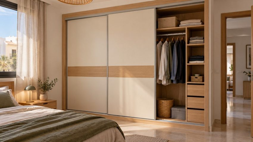 Illustration IA : dressing de chambre aux portes coulissantes, avec penderie et tiroirs visibles.