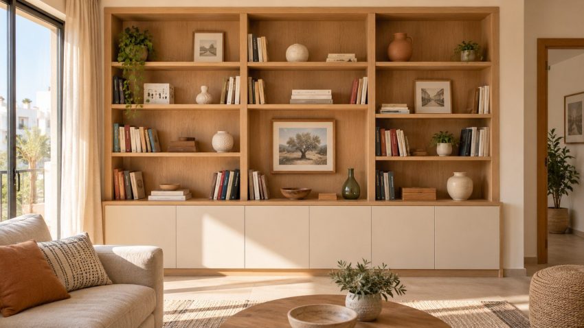 Illustration IA : bibliothèque murale effet chêne avec étagères et placards bas crème.