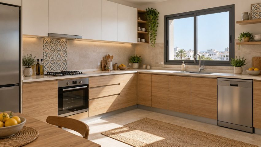 Illustration IA d’une cuisine en L, façades effet bois et blanc mat, dans un intérieur tunisien lumineux.