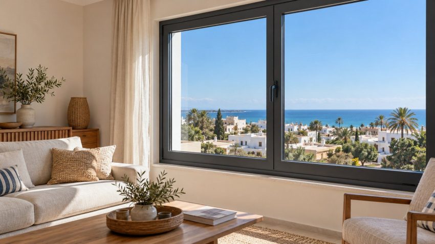 Illustration IA d’une grande fenêtre à cadre aluminium sombre dans un salon avec vue sur un paysage côtier tunisien.